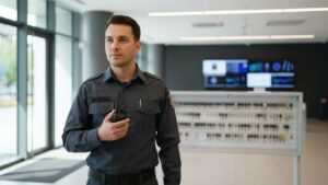 agent de sécurité en entreprise avec radio